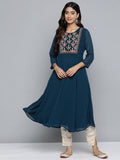 Jompers Women's Floral Embroidered Thread Work Floral Georgette Anarkali Kurta - Teal | Grocsy