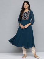 Jompers Women's Floral Embroidered Thread Work Floral Georgette Anarkali Kurta - Teal | Grocsy