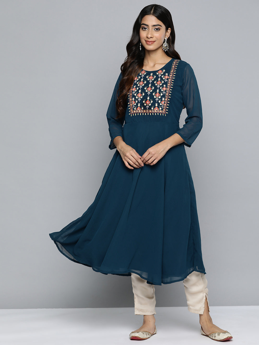 Jompers Women's Floral Embroidered Thread Work Floral Georgette Anarkali Kurta - Teal | Grocsy