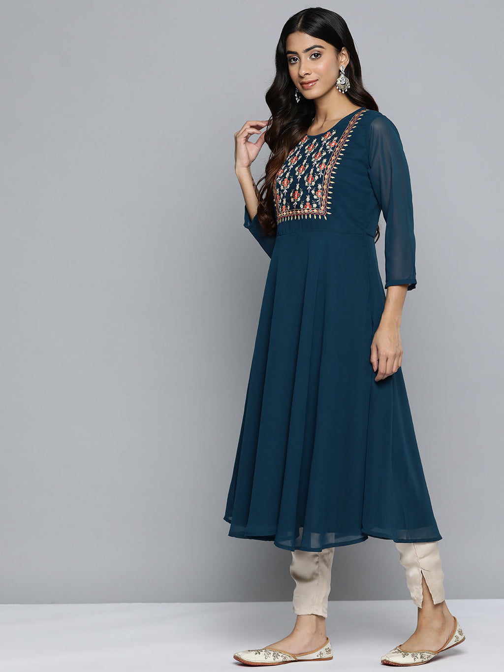 Jompers Women's Floral Embroidered Thread Work Floral Georgette Anarkali Kurta - Teal | Grocsy