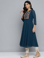 Jompers Women's Floral Embroidered Thread Work Floral Georgette Anarkali Kurta - Teal | Grocsy