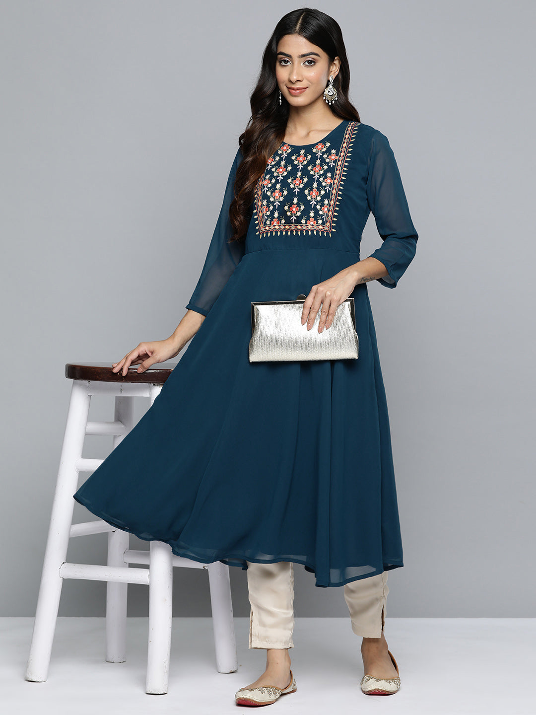 Jompers Women's Floral Embroidered Thread Work Floral Georgette Anarkali Kurta - Teal | Grocsy