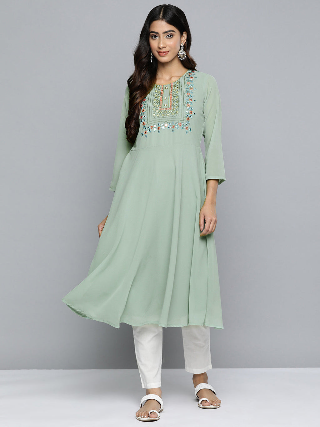 Jompers Women's Geometric Embroidered Mirror Work Georgette Anarkali Kurta - Green | Grocsy