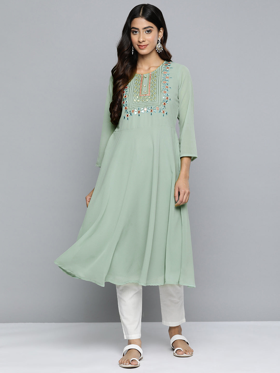 Jompers Women's Geometric Embroidered Mirror Work Georgette Anarkali Kurta - Green | Grocsy