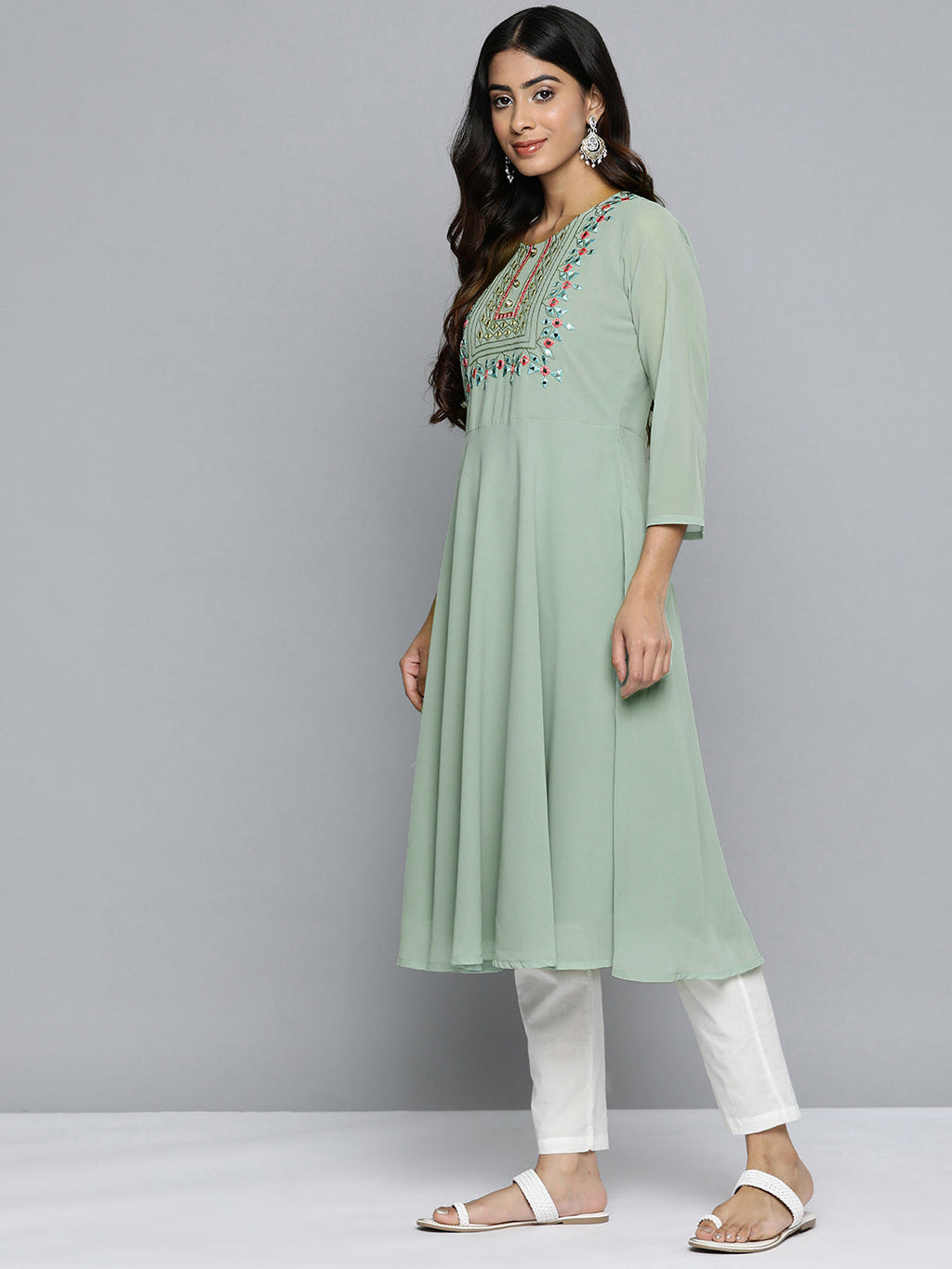 Jompers Women's Geometric Embroidered Mirror Work Georgette Anarkali Kurta - Green | Grocsy