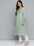 Jompers Women's Geometric Embroidered Mirror Work Georgette Anarkali Kurta - Green | Grocsy