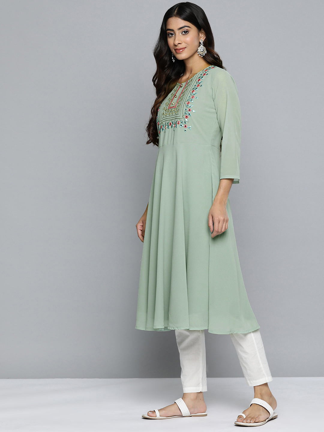 Jompers Women's Geometric Embroidered Mirror Work Georgette Anarkali Kurta - Green | Grocsy