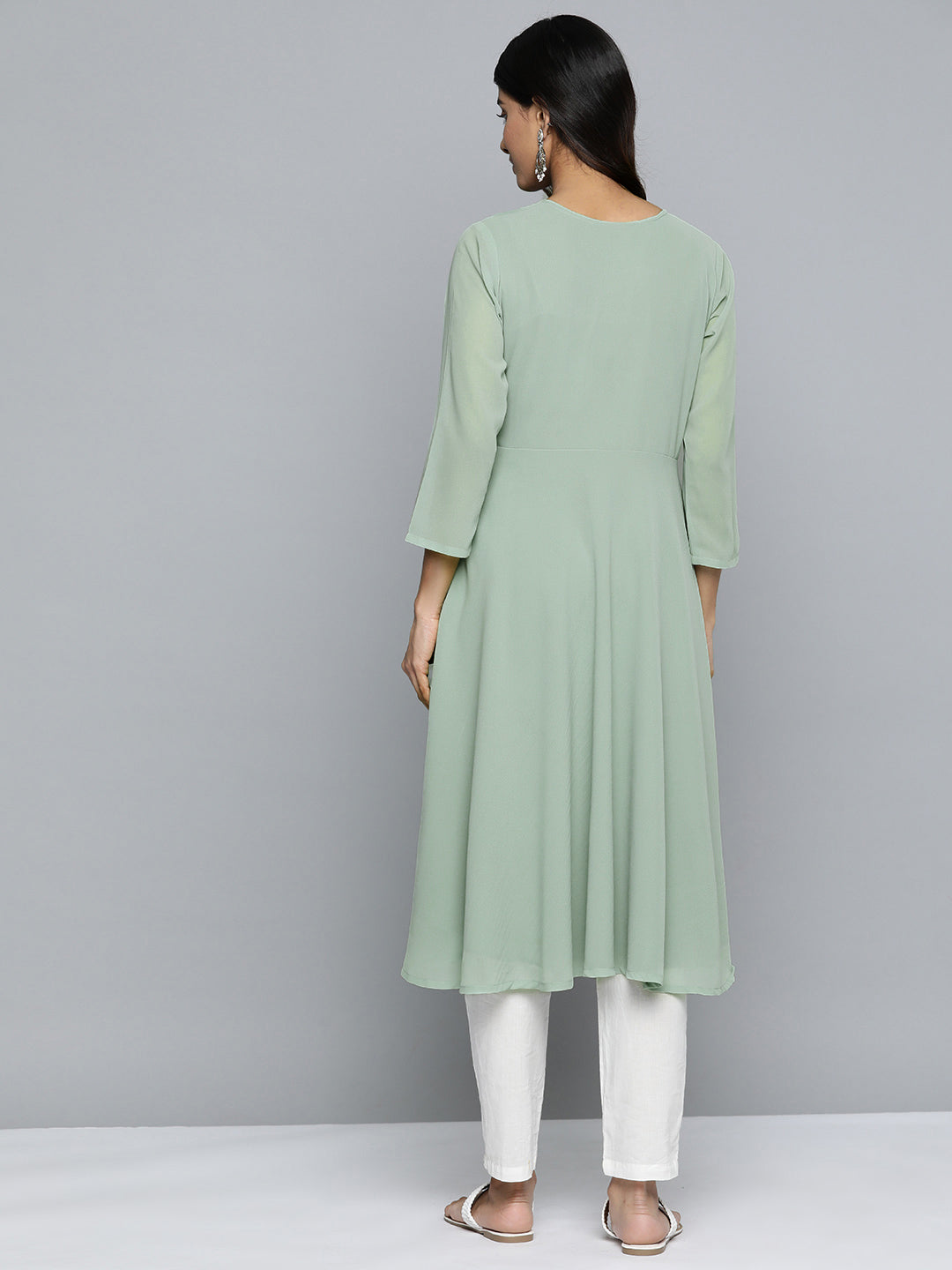Jompers Women's Geometric Embroidered Mirror Work Georgette Anarkali Kurta - Green | Grocsy