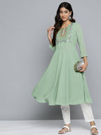 Jompers Women's Geometric Embroidered Mirror Work Georgette Anarkali Kurta - Green | Grocsy