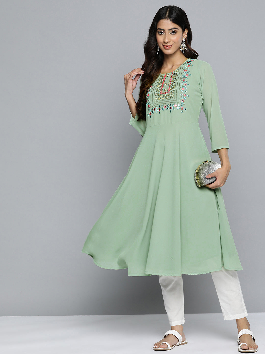 Jompers Women's Geometric Embroidered Mirror Work Georgette Anarkali Kurta - Green | Grocsy