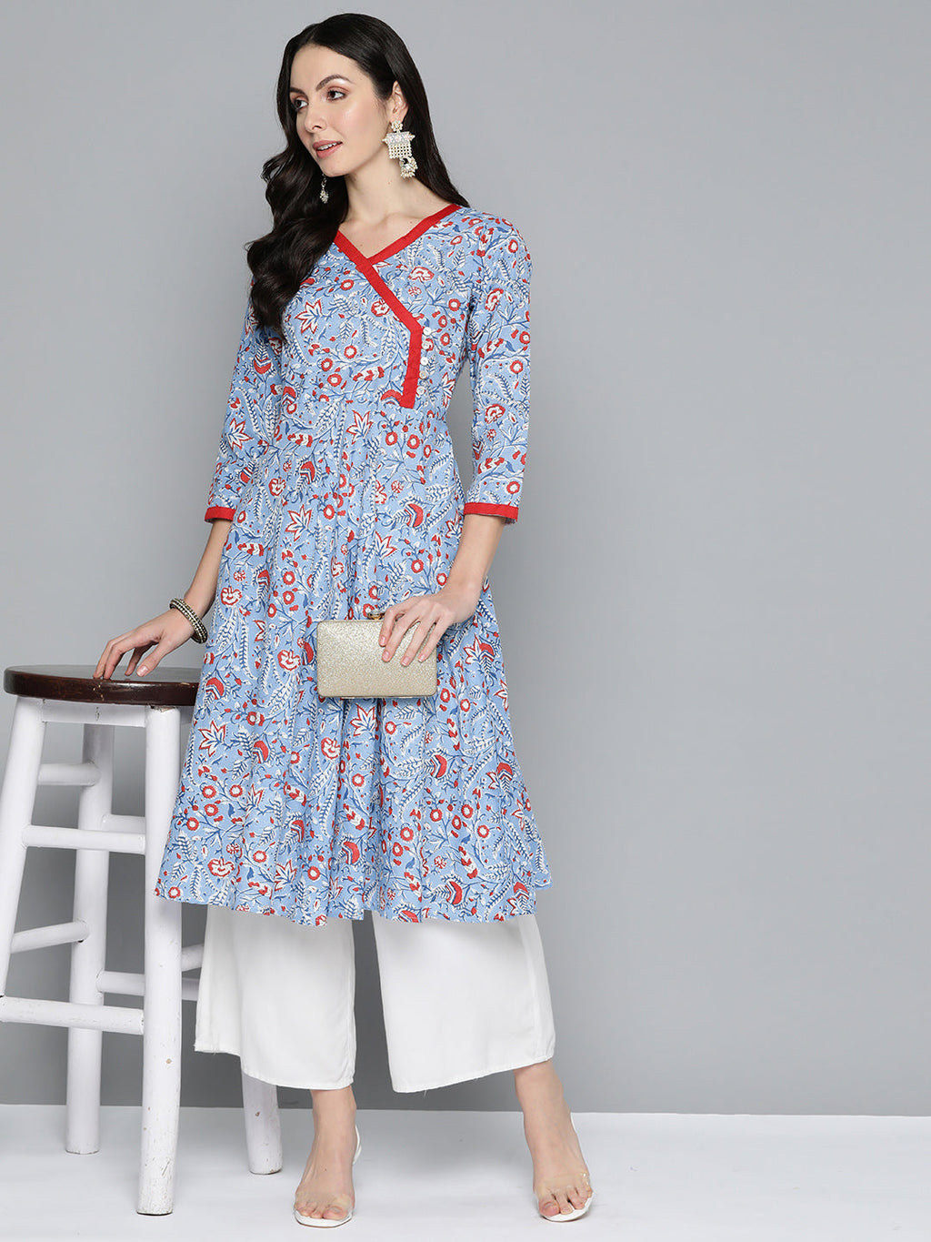 Jompers Women's Blue Floral Printed Anarkali Kurta | Grocsy