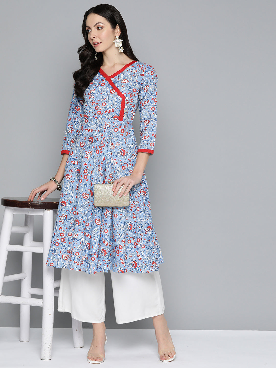 Jompers Women's Blue Floral Printed Anarkali Kurta | Grocsy