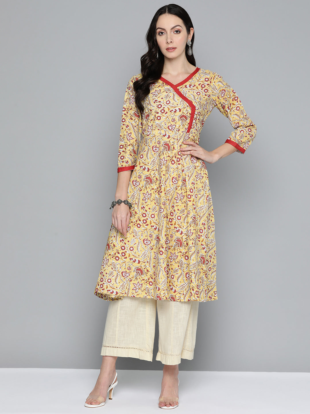 Jompers Women's Yellow Floral Printed Anarkali Kurta | Grocsy