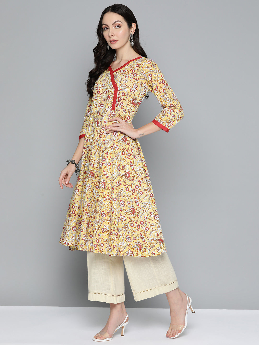 Jompers Women's Yellow Floral Printed Anarkali Kurta | Grocsy