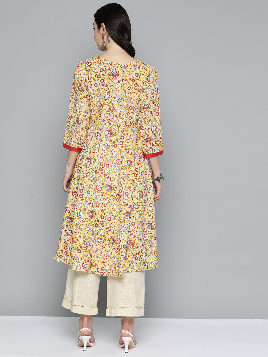 Jompers Women's Yellow Floral Printed Anarkali Kurta | Grocsy