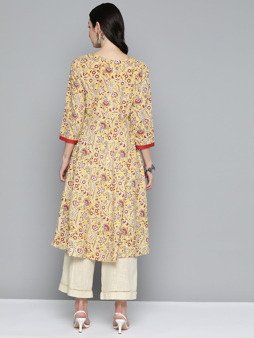 Jompers Women's Yellow Floral Printed Anarkali Kurta | Grocsy