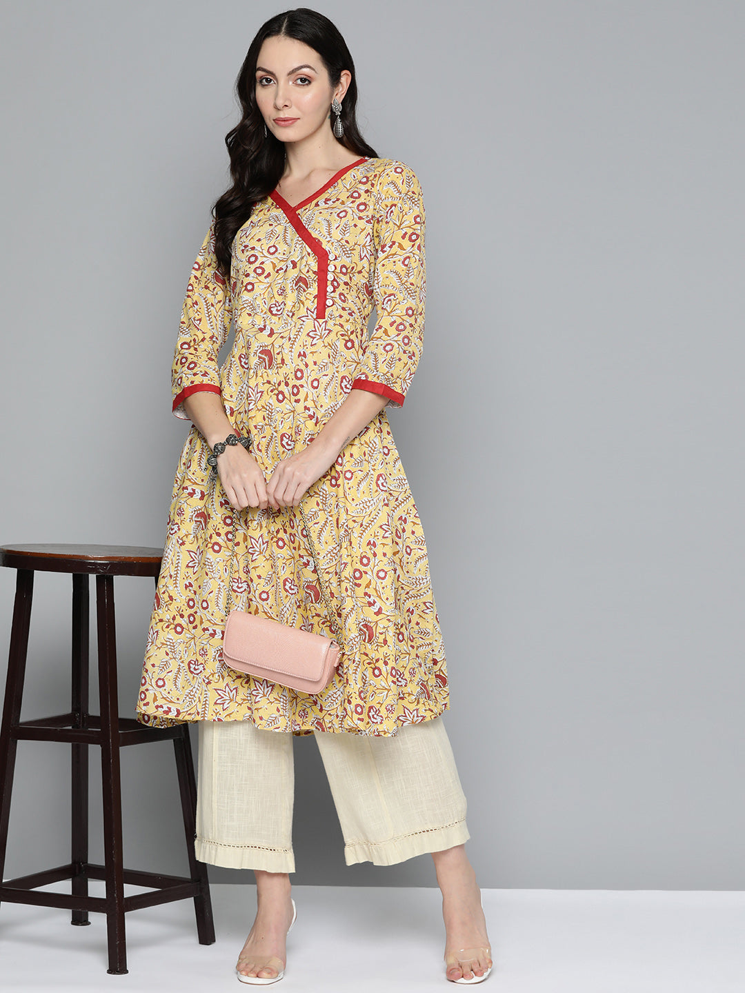 Jompers Women's Yellow Floral Printed Anarkali Kurta | Grocsy