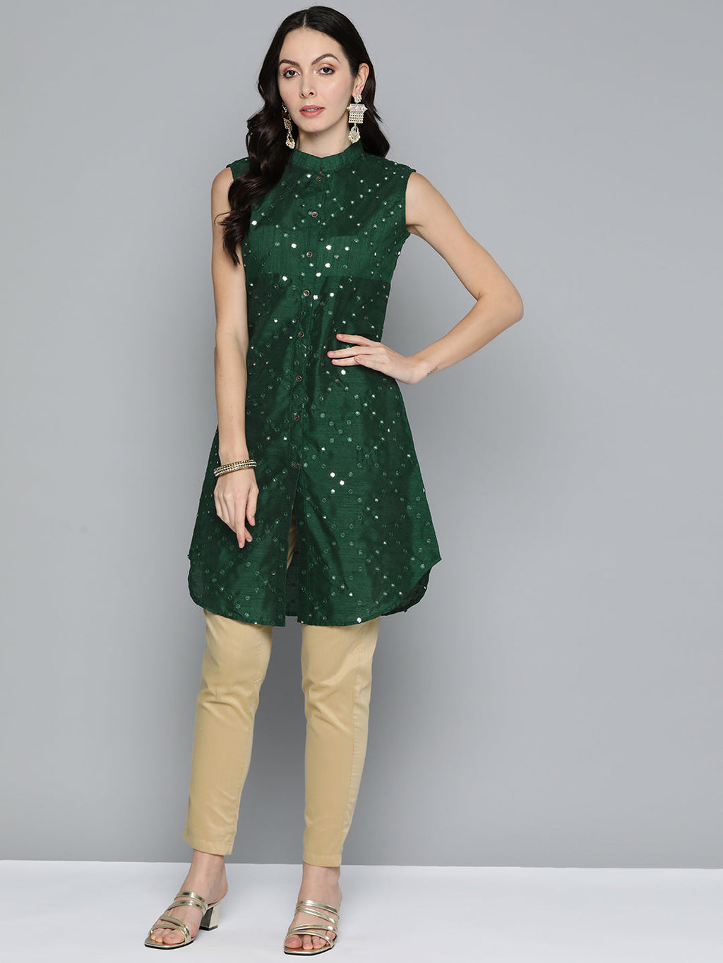 Jompers Women's Geometric Embroidered Mirror Work Kurta - Green | Grocsy