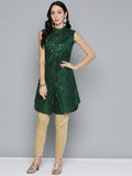 Jompers Women's Geometric Embroidered Mirror Work Kurta - Green | Grocsy