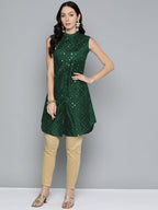 Jompers Women's Geometric Embroidered Mirror Work Kurta - Green | Grocsy
