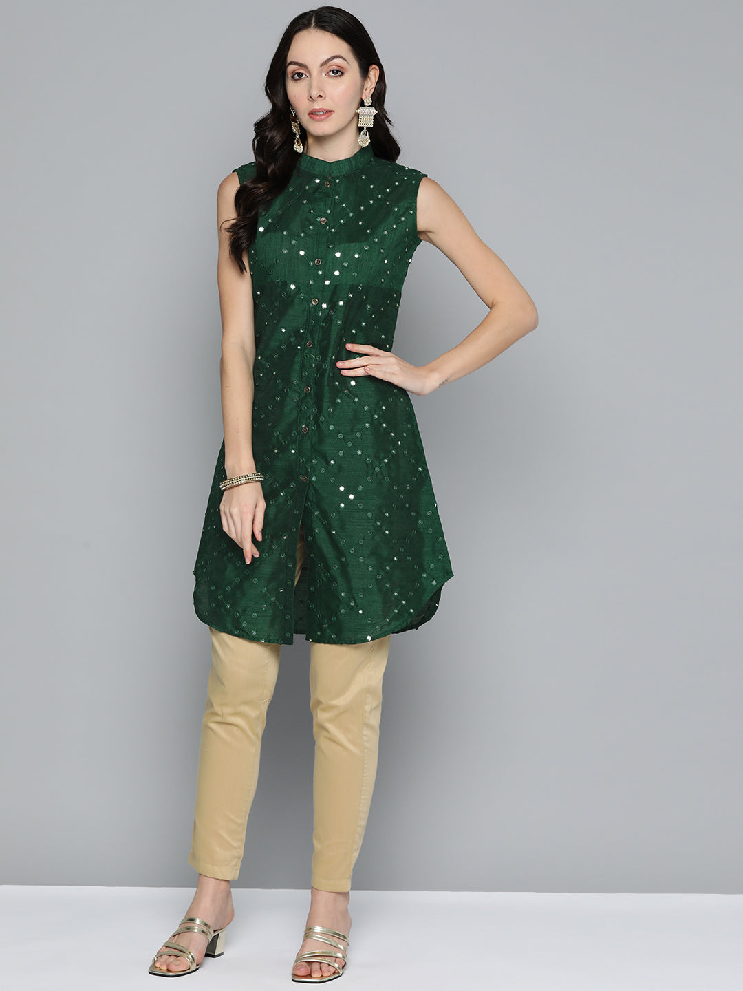 Jompers Women's Geometric Embroidered Mirror Work Kurta - Green | Grocsy