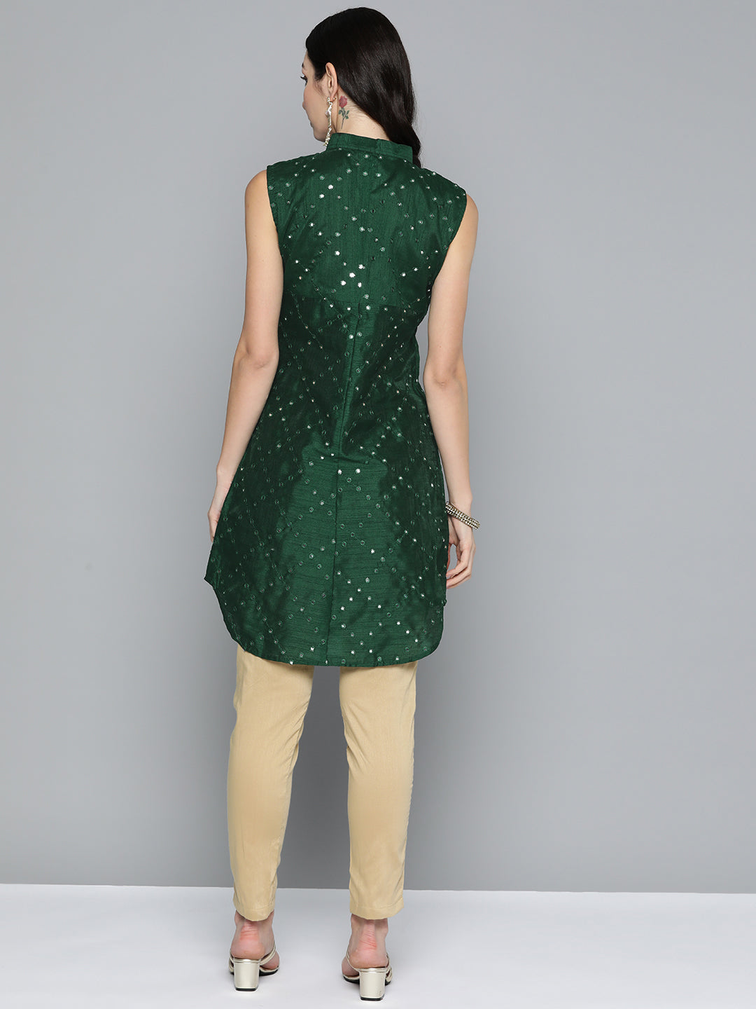 Jompers Women's Geometric Embroidered Mirror Work Kurta - Green | Grocsy