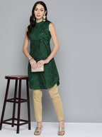 Jompers Women's Geometric Embroidered Mirror Work Kurta - Green | Grocsy