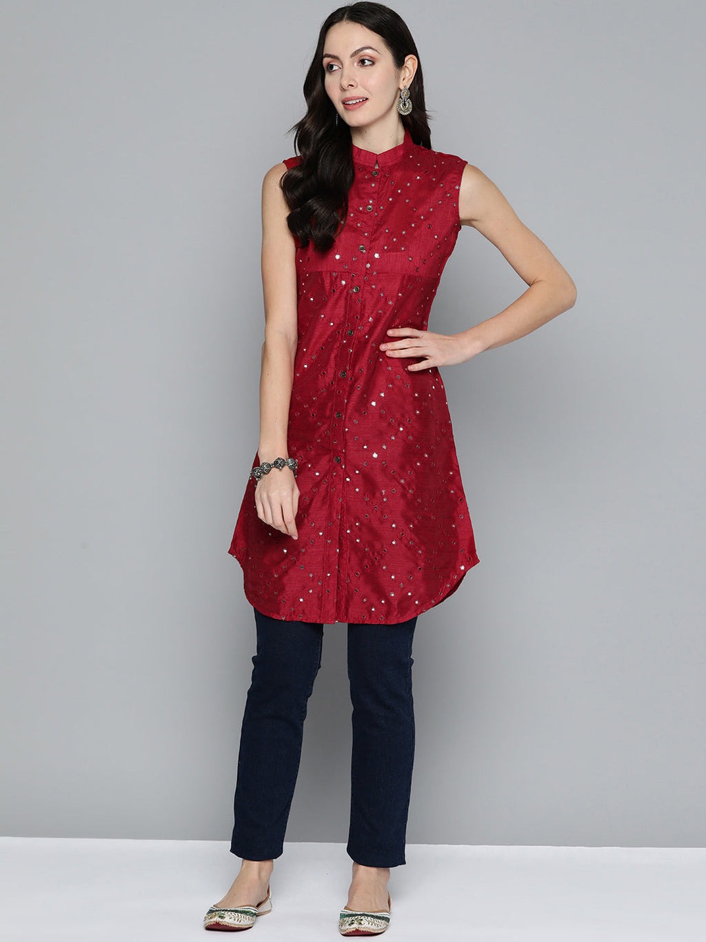 Jompers Women's Geometric Embroidered Mirror Work Kurta - Maroon | Grocsy