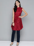 Jompers Women's Geometric Embroidered Mirror Work Kurta - Maroon | Grocsy