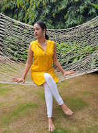 Jompers Women's Geometric Embroidered Mirror Work Kurta - Mustard | Grocsy