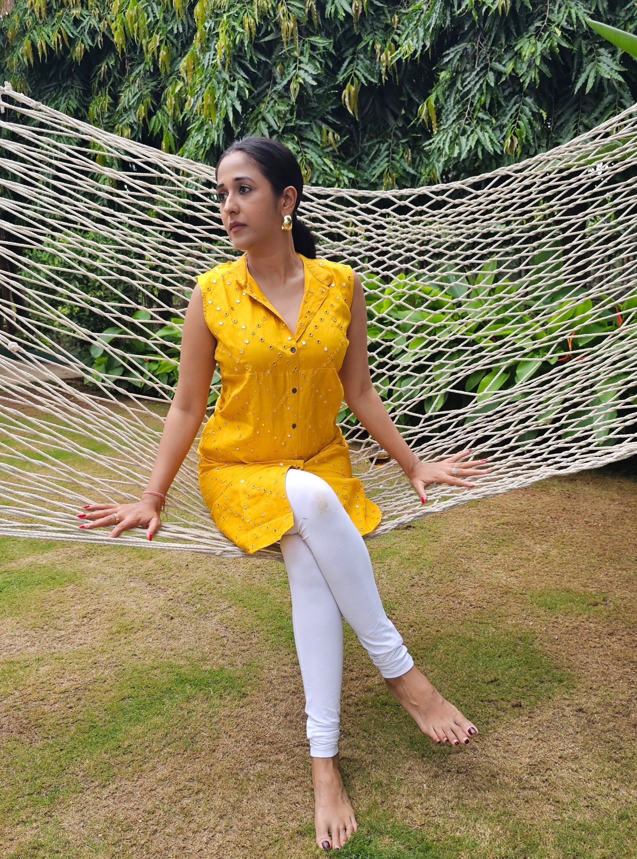 Jompers Women's Geometric Embroidered Mirror Work Kurta - Mustard | Grocsy