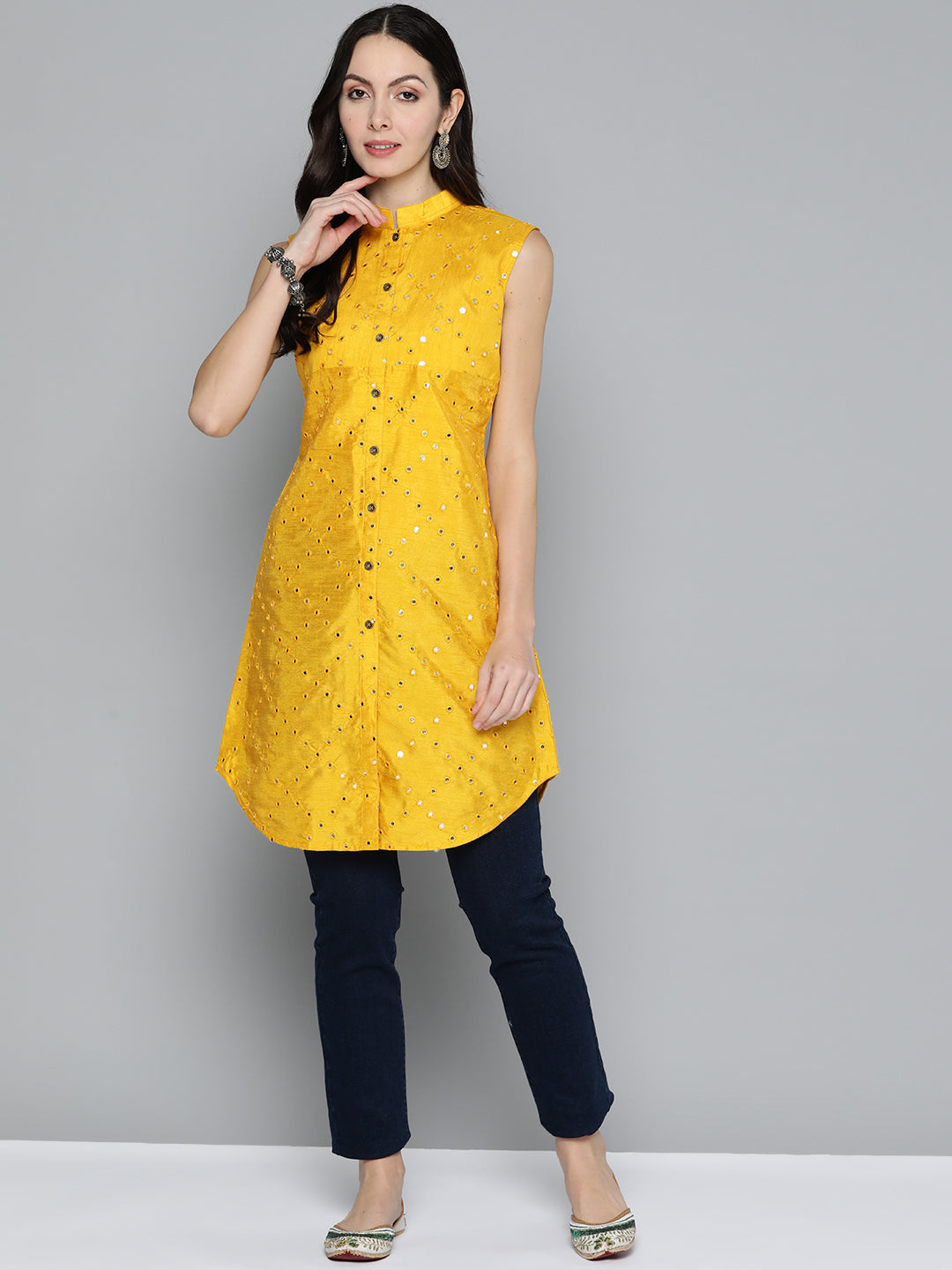 Jompers Women's Geometric Embroidered Mirror Work Kurta - Mustard | Grocsy