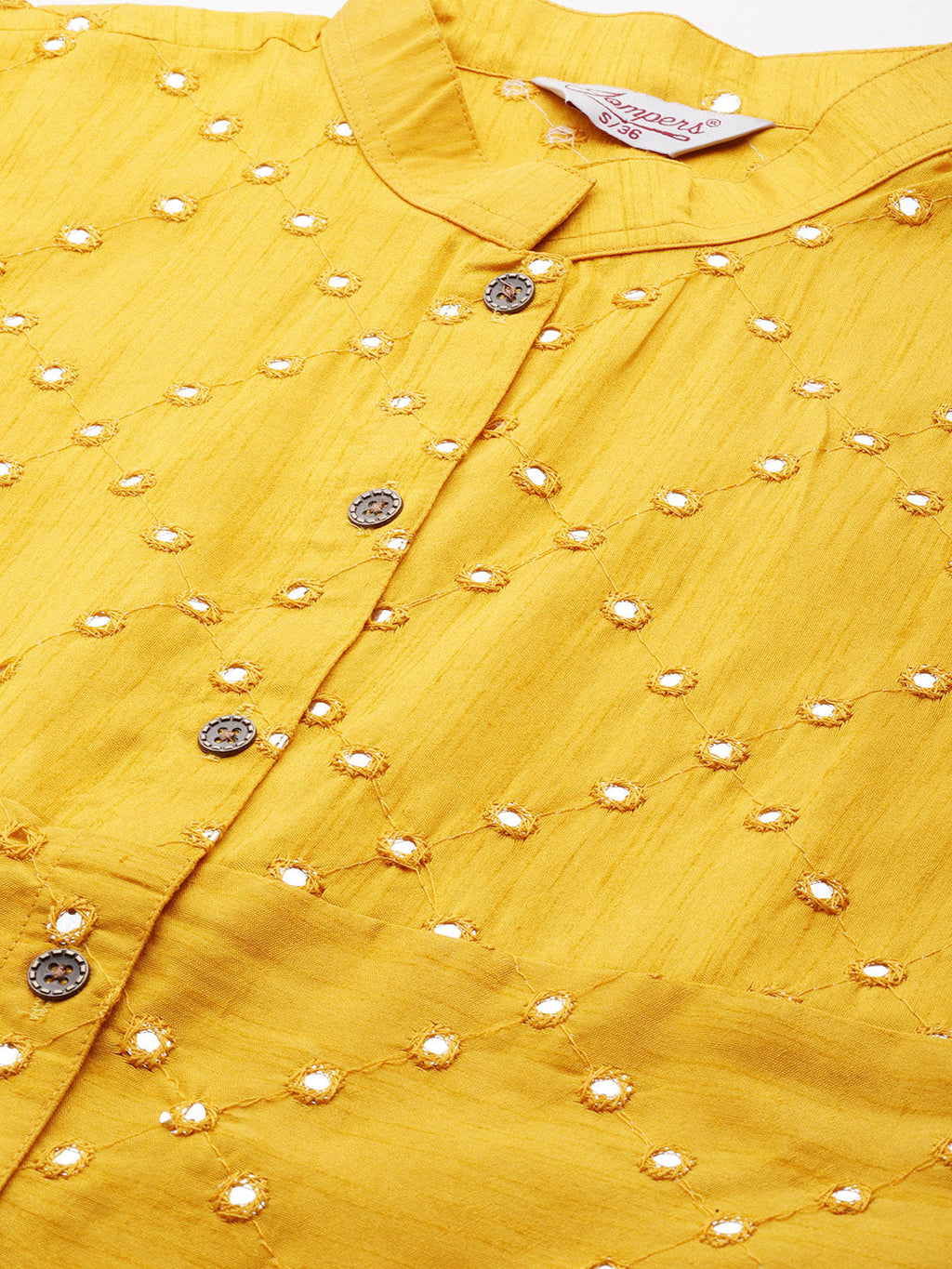 Jompers Women's Geometric Embroidered Mirror Work Kurta - Mustard | Grocsy