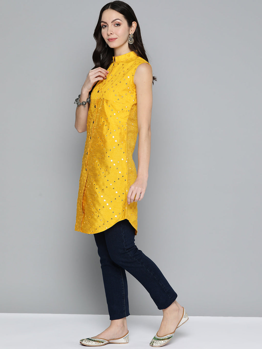 Jompers Women's Geometric Embroidered Mirror Work Kurta - Mustard | Grocsy