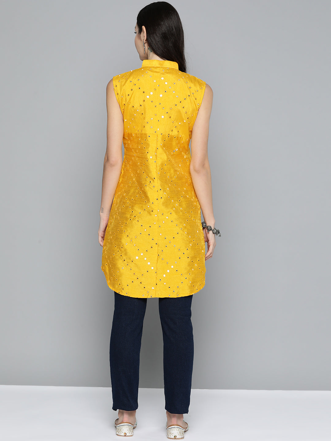 Jompers Women's Geometric Embroidered Mirror Work Kurta - Mustard | Grocsy