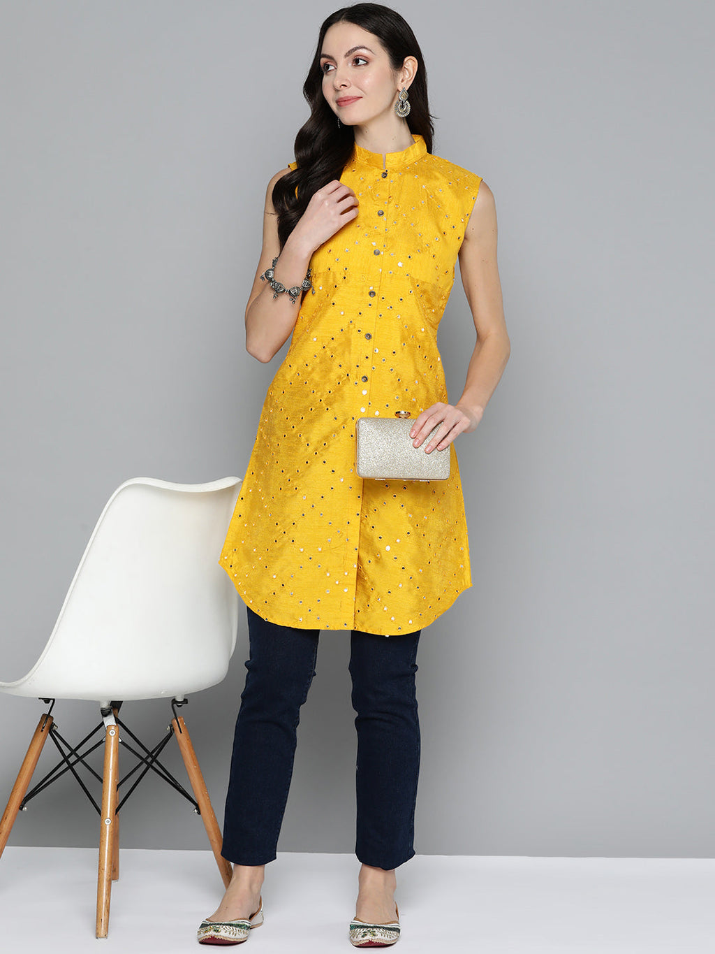 Jompers Women's Geometric Embroidered Mirror Work Kurta - Mustard | Grocsy