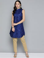 Jompers Women's Geometric Embroidered Mirror Work Kurta - Navy Blue | Grocsy