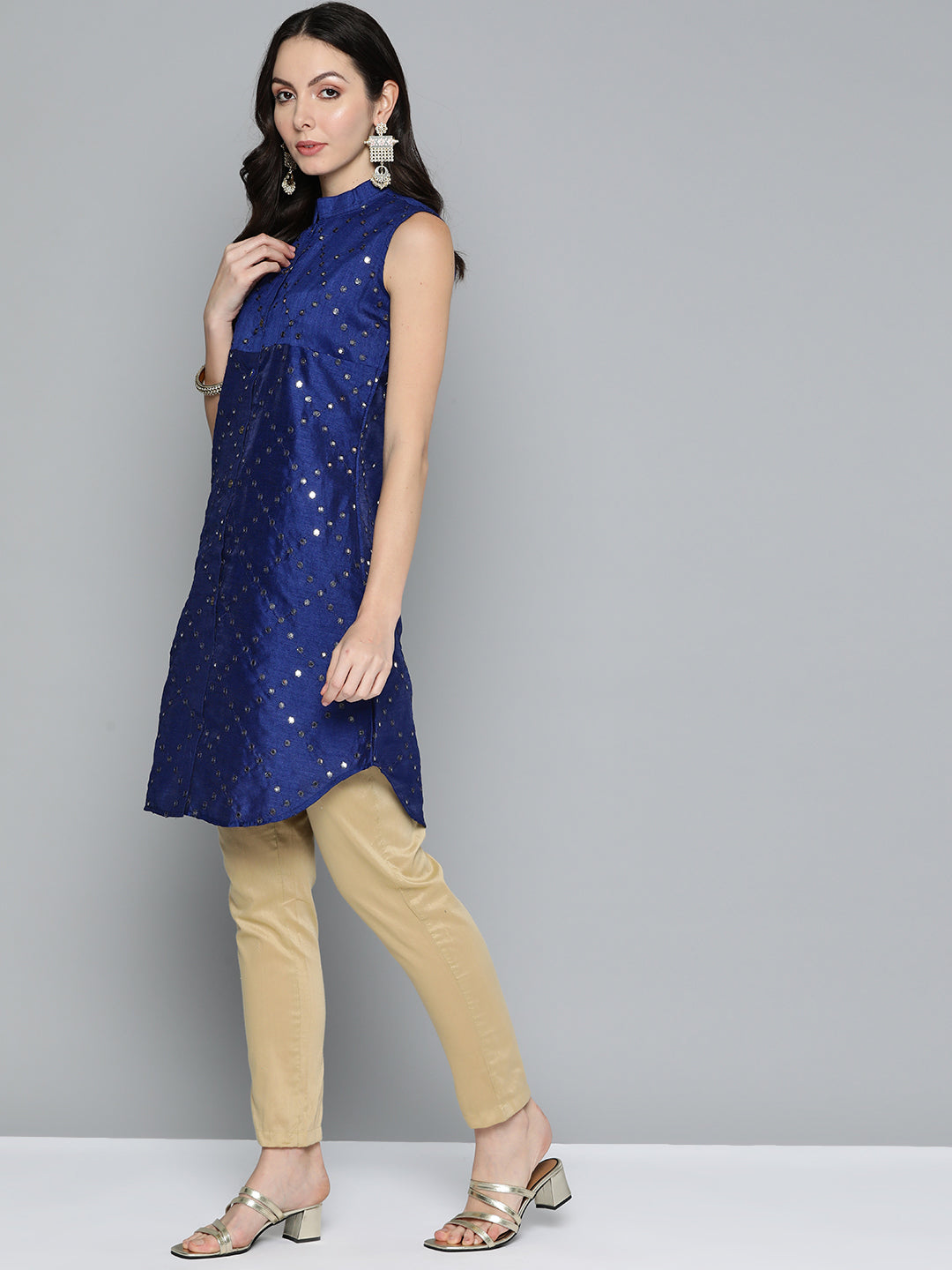 Jompers Women's Geometric Embroidered Mirror Work Kurta - Navy Blue | Grocsy