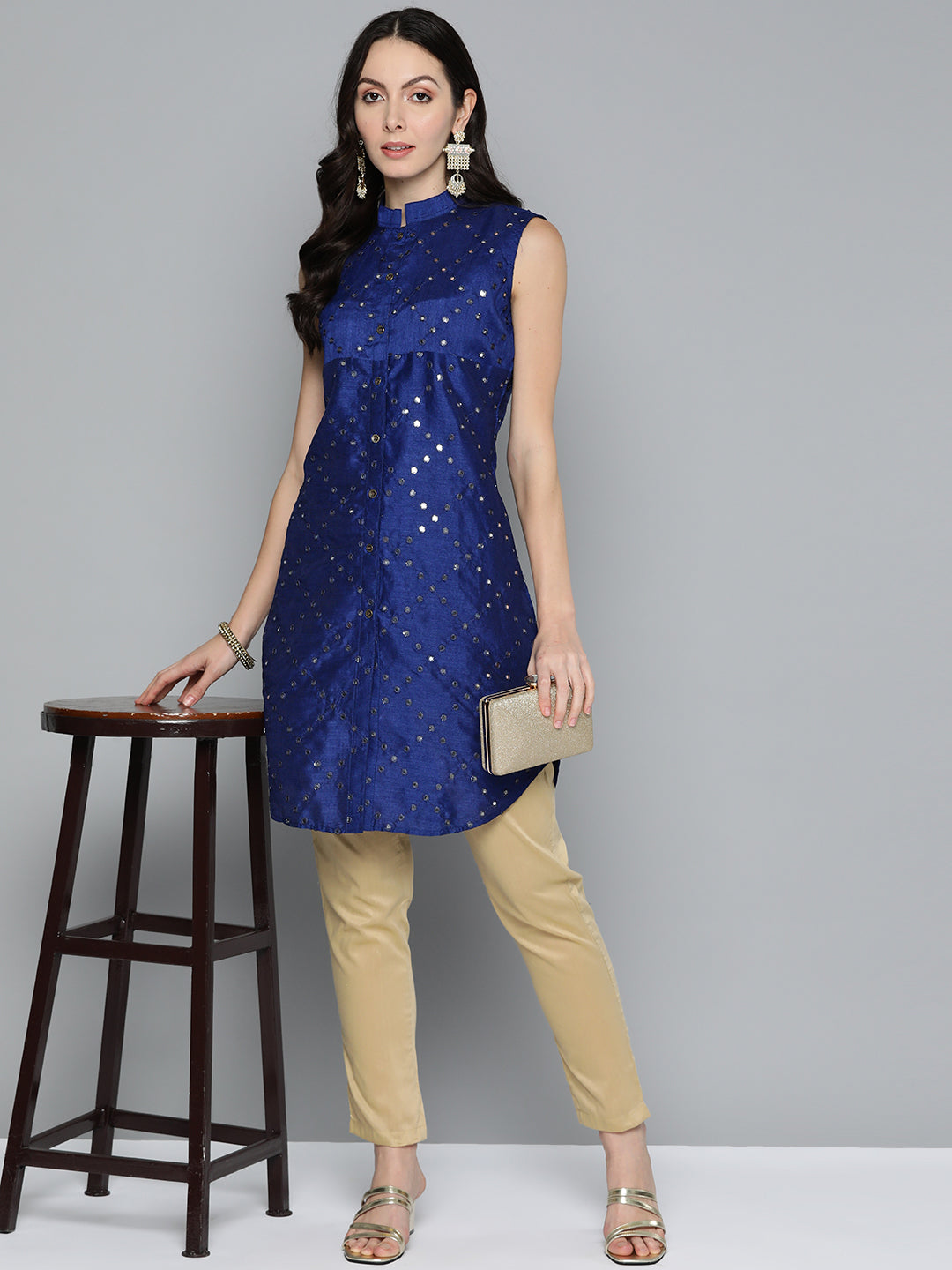 Jompers Women's Geometric Embroidered Mirror Work Kurta - Navy Blue | Grocsy