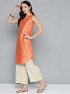 Jompers Women's Geometric Embroidered Mirror Work Kurta - Peach | Grocsy