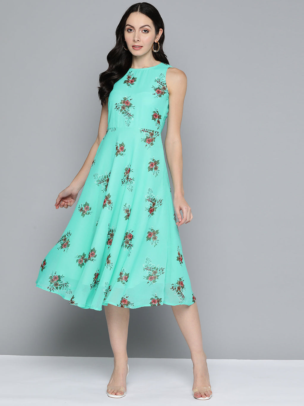 Jompers Women's Floral Print Georgette A-Line Midi Dress - Blue | Grocsy