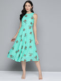 Jompers Women's Floral Print Georgette A-Line Midi Dress - Blue | Grocsy
