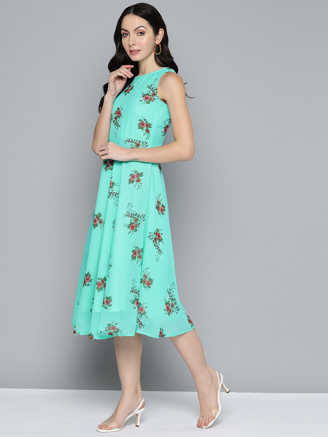 Jompers Women's Floral Print Georgette A-Line Midi Dress - Blue | Grocsy
