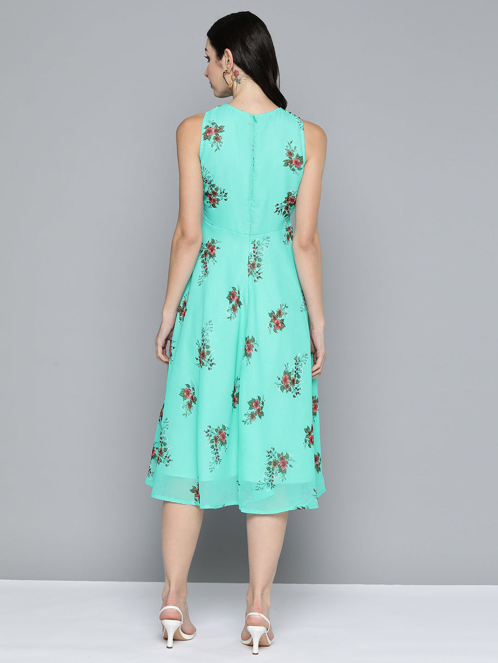 Jompers Women's Floral Print Georgette A-Line Midi Dress - Blue | Grocsy