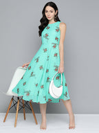 Jompers Women's Floral Print Georgette A-Line Midi Dress - Blue | Grocsy