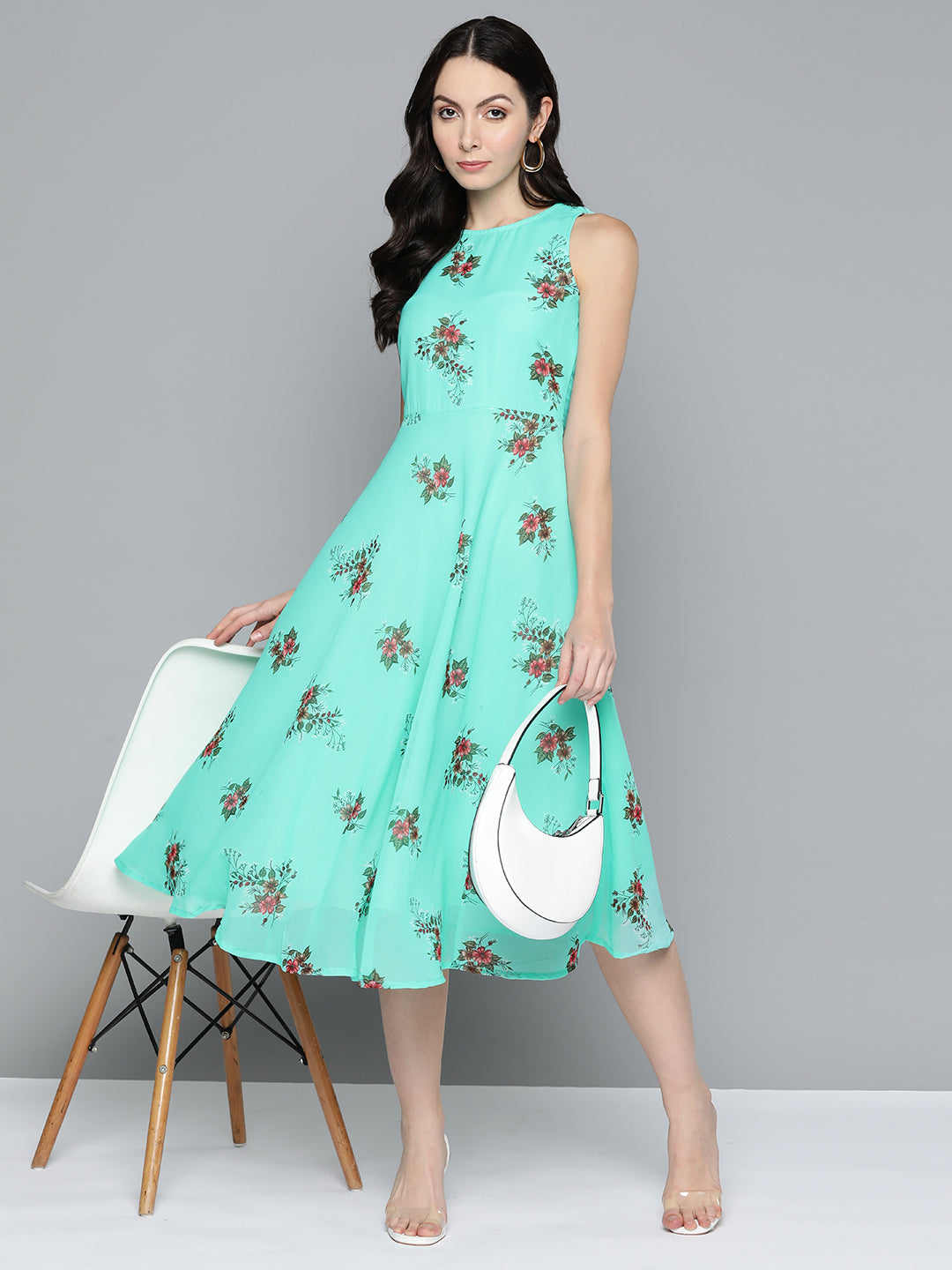 Jompers Women's Floral Print Georgette A-Line Midi Dress - Blue | Grocsy