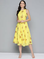 Jompers Women's Floral Print Georgette A-Line Midi Dress - Yellow | Grocsy