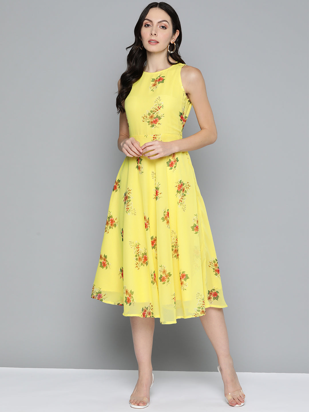 Jompers Women's Floral Print Georgette A-Line Midi Dress - Yellow | Grocsy