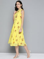 Jompers Women's Floral Print Georgette A-Line Midi Dress - Yellow | Grocsy