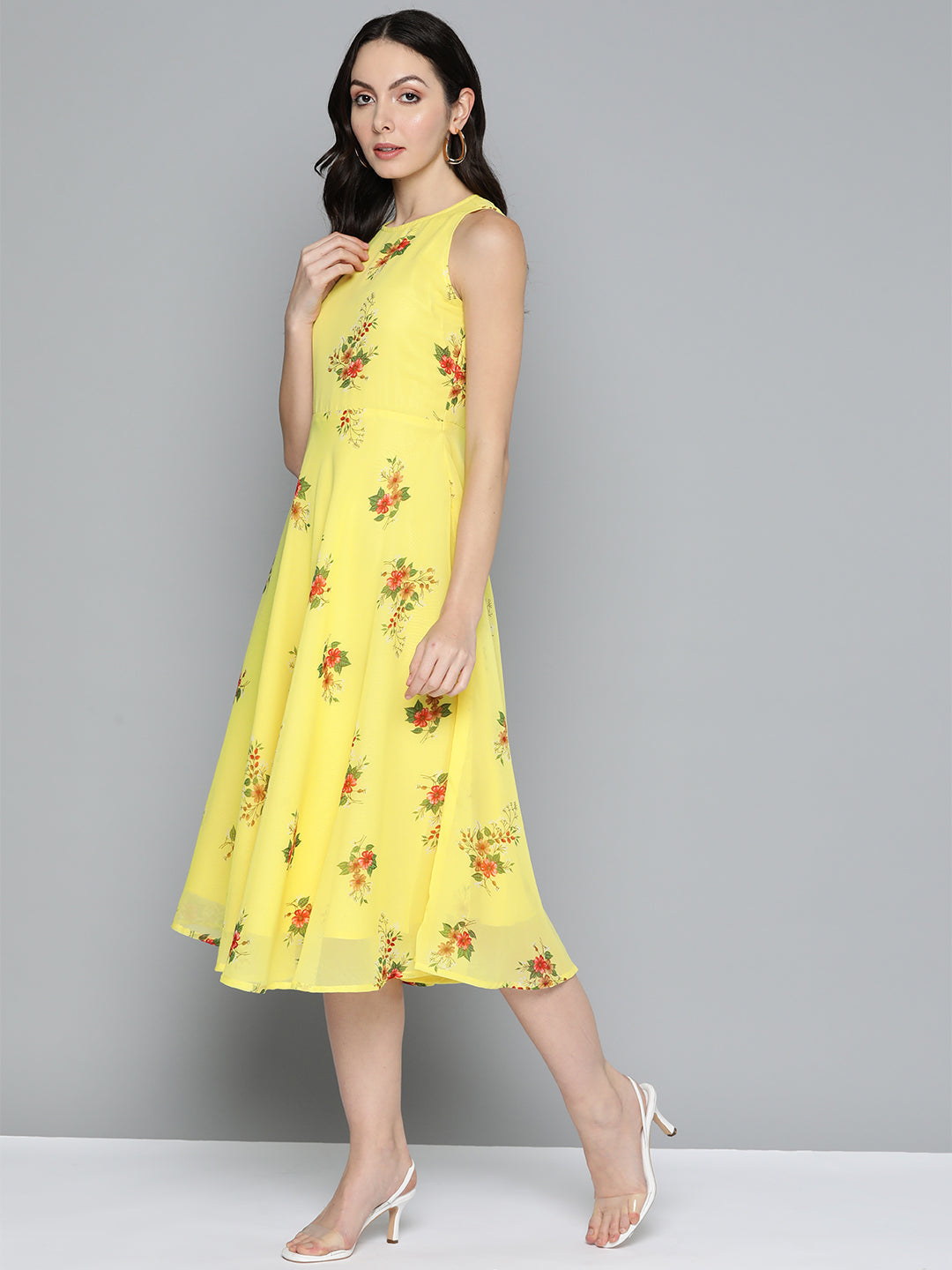 Jompers Women's Floral Print Georgette A-Line Midi Dress - Yellow | Grocsy